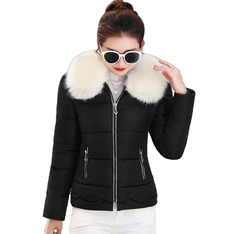 

2019 New Arrival Winter Jacket Women With White Fur Collar Sweet Female Coat Outwear Short Padded Womens Parka Casaco Feminino
