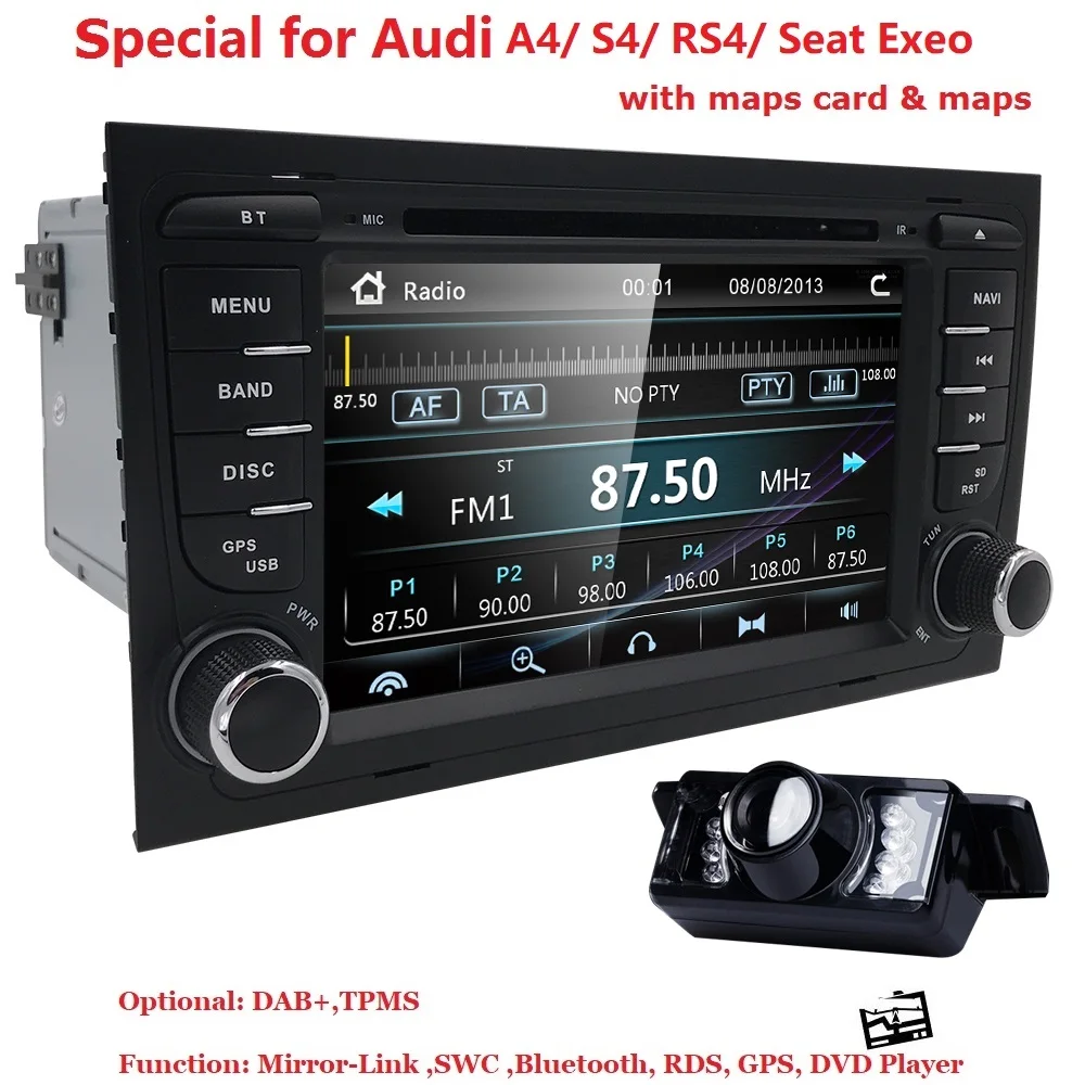 Discount 2 Din Car DVD Multimedia Player for AUDI A4 S4 RS4 2002-2008 GPS Navigation Radio Audio Bluetooth Map Canbus SWC RDS TPMS SD CAM 2