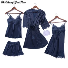 Для женщин пижамы 4 шт. атласные Pijama шелковые Домашняя одежда дома вышивка сна Lounge с нагрудники