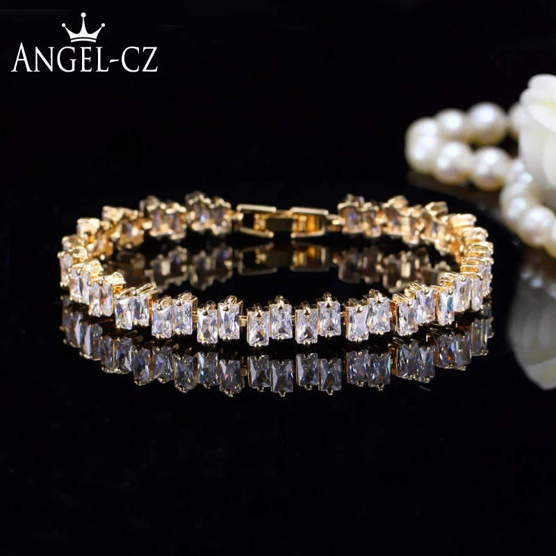 

ANGELCZ Fashion Baguette Cubic Zirconia Stones Gold Color Tennis Bracelets Bangles For Bridal Wedding Party Jewelry Gift AB120