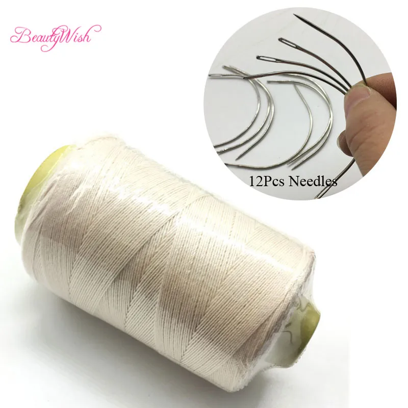 

1 Roll Cotton Hair Weaving Thread On Hair Extensions + FREE 12Pcs Big C Weaving Needles 90cm Curved Hair Needles for sewing Hair