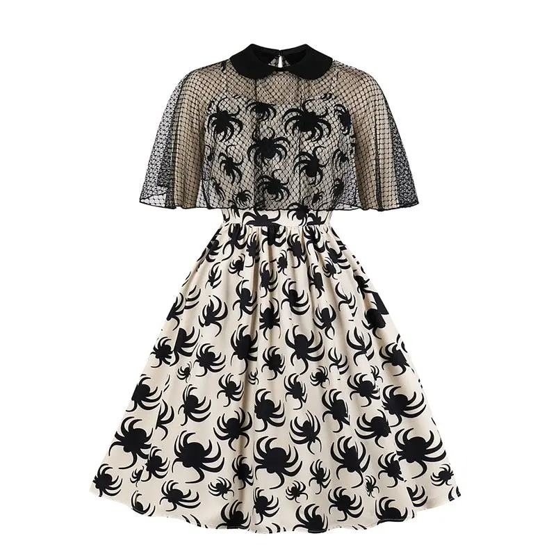 

Elegant Gothic Plus Size Party Black Vintage Summer Women Midi Dresses Yellow Mesh Print Animal Sweet Retro Female Chic Dress