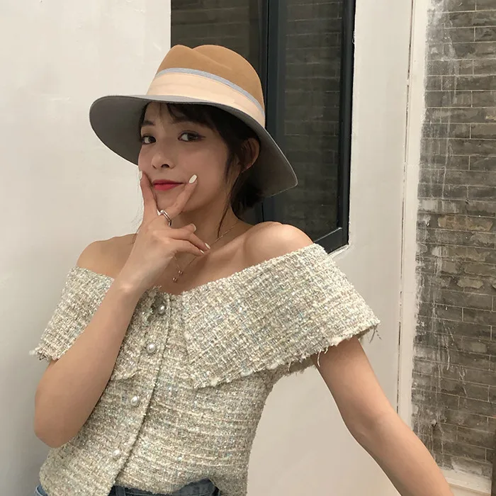 WHITNEY WANG 2019 Spring Summer Fashion Streetwear Sexy Slash neck Tweed Blouse Women blusas Shirt Tops