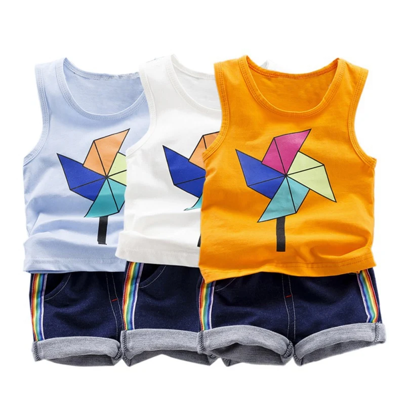 

Windmill Printed Sleeveless Vest Tops+Denim Shorts Outfits Casual New Cotton Cute Kids Baby Boys Cartoon Clothes Set
