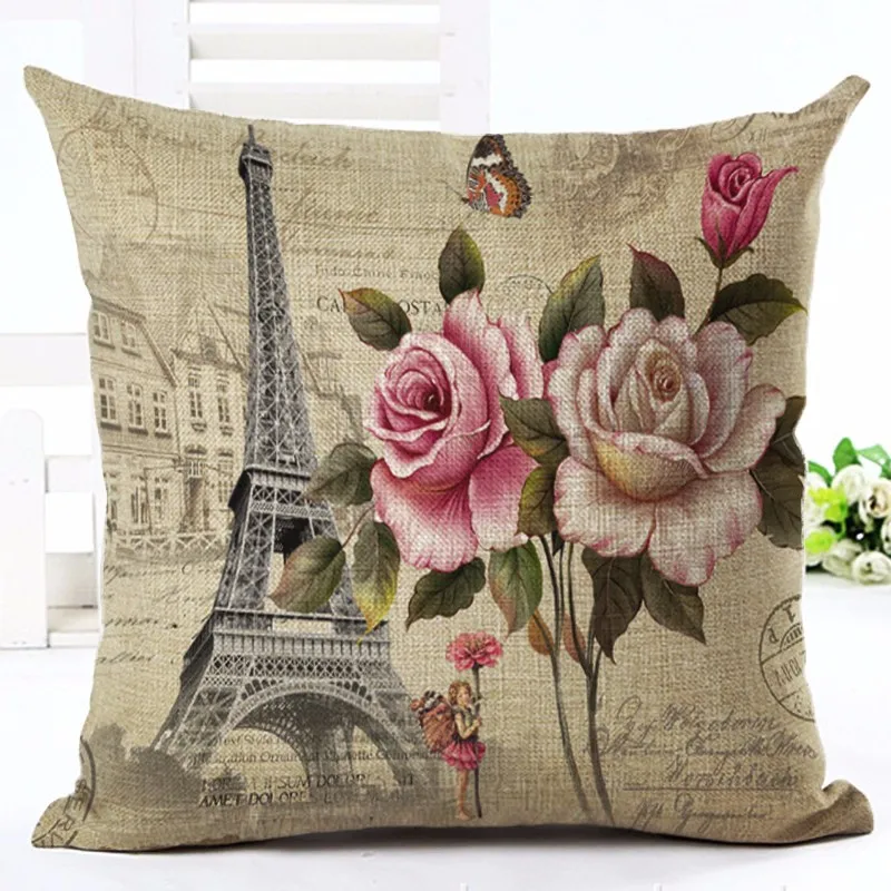 Vintage Style Flowers Printed Cushion Cover Eiffel Tower