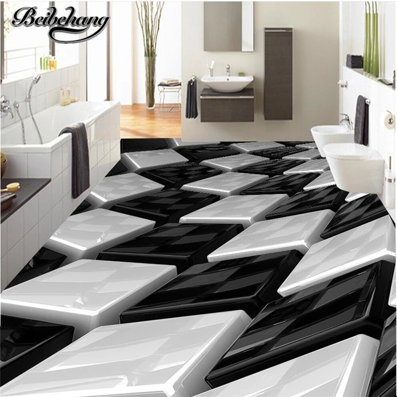 

beibehang Custom floor drawing 3D stereo black and white three-dimensional box creative floor living room bathroom decoration