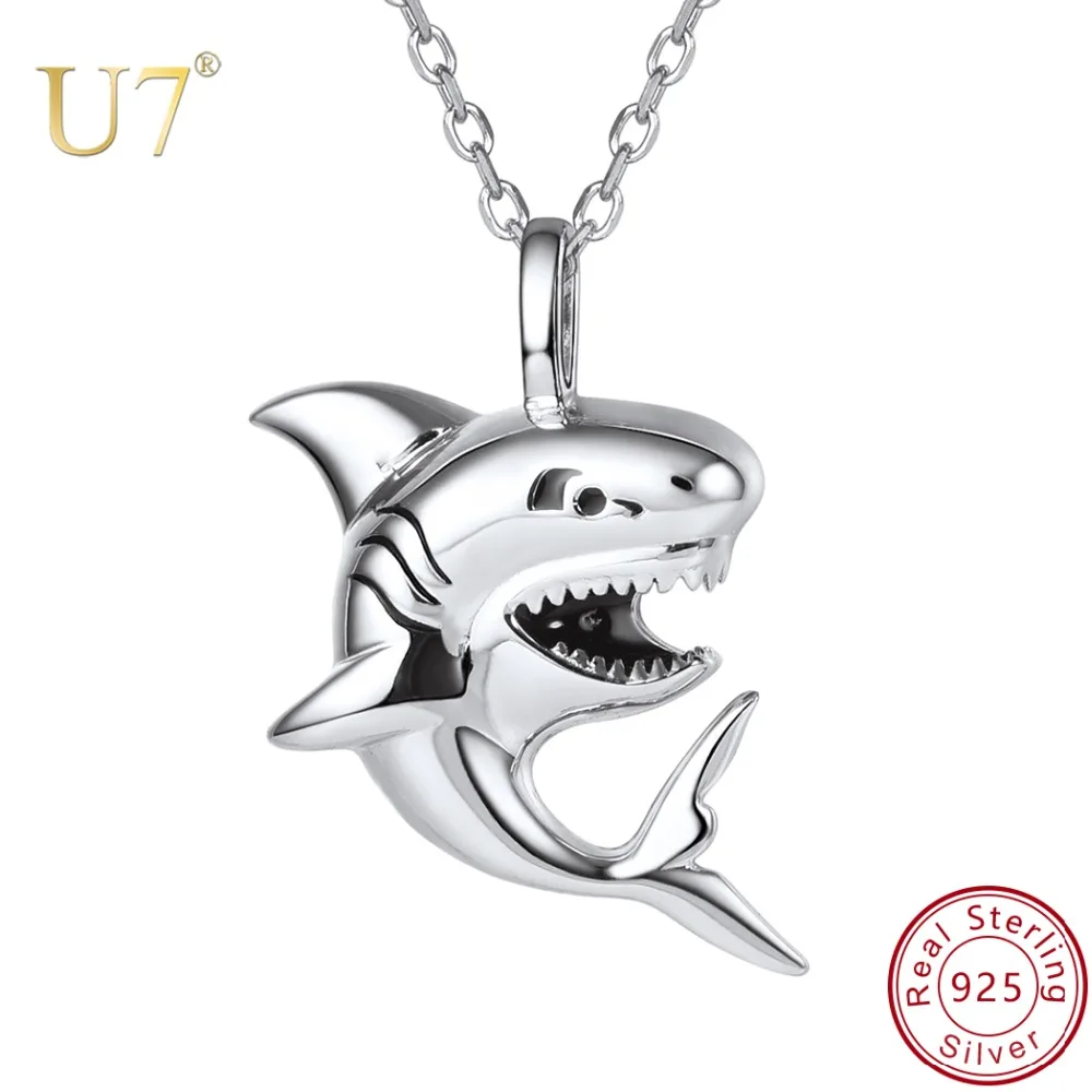 U7 925 Sterling Silver Shark Necklace 