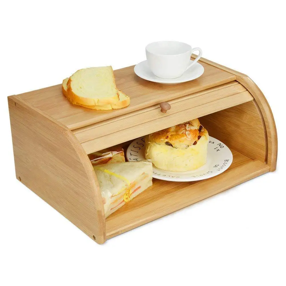 Natural Bamboo Bread Holder Food Storage Container Kitchen Roll Top