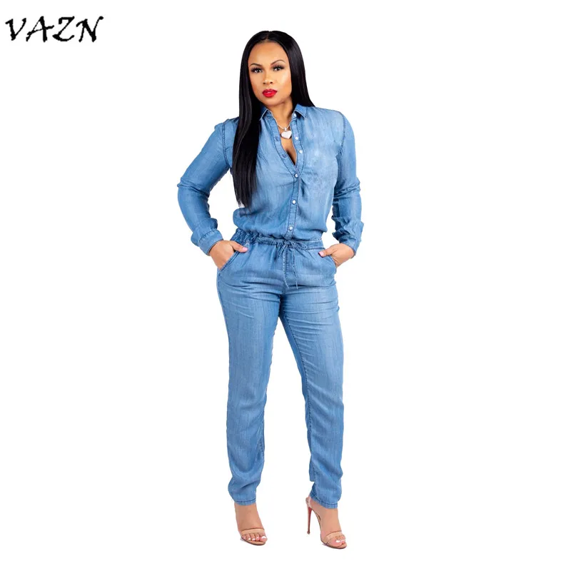 

VAZN 2018 New Arrive Casual Button Jumpsuits Women Full Sleeve Waist Belt Jumpsuits Ladies Hollow Out Solid Jumpsuits SMR9021