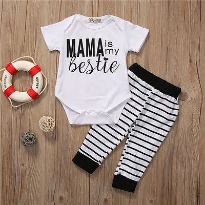

2Pcs Baby Set Toddler Kids Baby Boys Girls Clothes Short Sleeve Mama Letter Romper+Striped Long Pants Baby Outfit Clothing Set