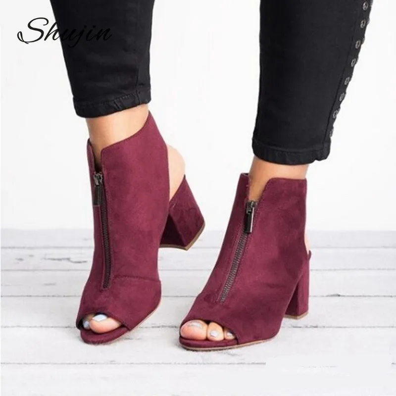 

SHUJIN Fashion Ankle Boots Faux Suede Leather Casual Open Peep Toe High Heels Zipper Square Rubber Black Women Shoes Size 36-42