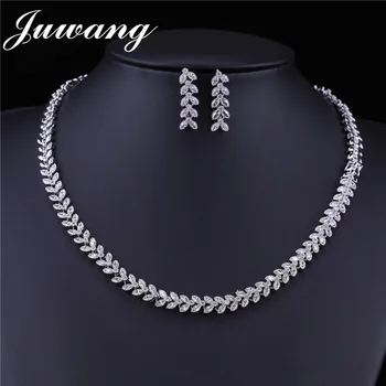 

JUWANG Leaf Elegent Jewelry Sets for Woman Long Shinny CZ Sparking Zircon Wedding jewelry Set Bijoux Party Valentine's Day Gift