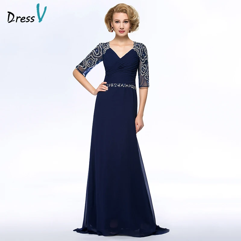 Dressv Long Blue Mother Of The Bride Dress V Neck A Line Half Sleeves