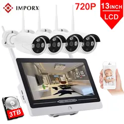 IMPORX Беспроводной 720 P 4CH CCTV набор камеры NVR 13 "ЖК-дисплей открытый WI-FI 1.0MP CCTV Системы комплект IR-CUT P2P видеонаблюдения Комплект 3 ТБ HDD