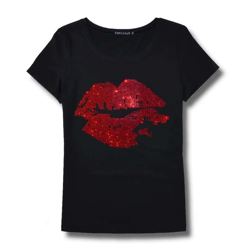 Günstig Sommer frauen Pailletten Lippen t shirt Bohren Oansatz kurzarm Grund Bodenbildung Shirts Perlen sexy T shirts 2018 Casual Tops XXXL