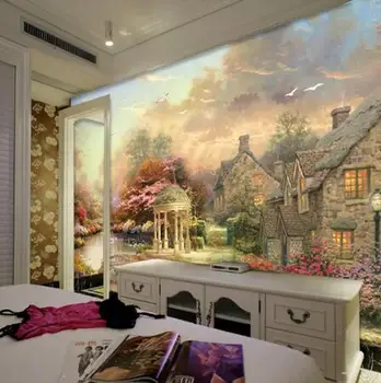 

large European wallpaper Nordic painting style town scenery village tree landscape mural high quality mural wall paper