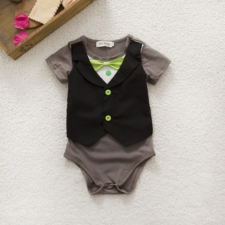 Baby Boy Bodysuits Green Tie Short Sleeved Bodysuit Handsome Gentleman