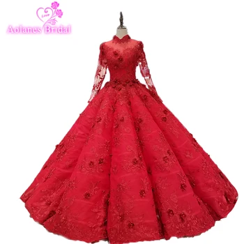 

Long Sleeves Flowers Elegant Princess Bridal Gowns Vintage Red Lace Ball Gowns Wedding Dresses 2018 Merry Custom Made High Neck