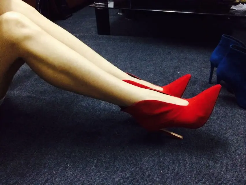 

Fashion woman black/red/blue suede ankle boots popular pointed toe shallow cut stiletto heels slip-on dressed shoes