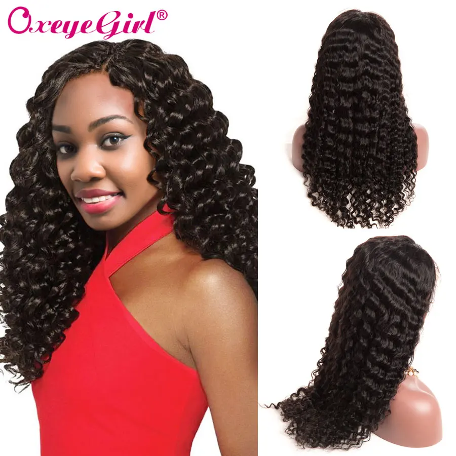 

Oxeye girl Deep Wave Wig Pre Plucked 360 Lace Frontal Wig Peruvian Lace Front Human Hair Wigs For Women Natural Black Remy Hair