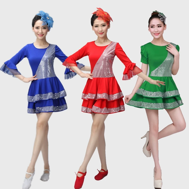 Hot Sale Women Sequins Jazz Latin Dance Costume Dress Ladies A line