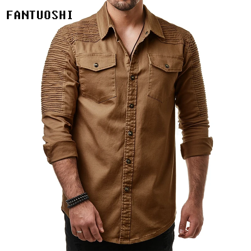 Spring autumn 2018 New Men Shirt Long Sleeve Male Shirt Cotton Solid color Fold Mens Shirts Casual Slim Fit Men coat black 3XL