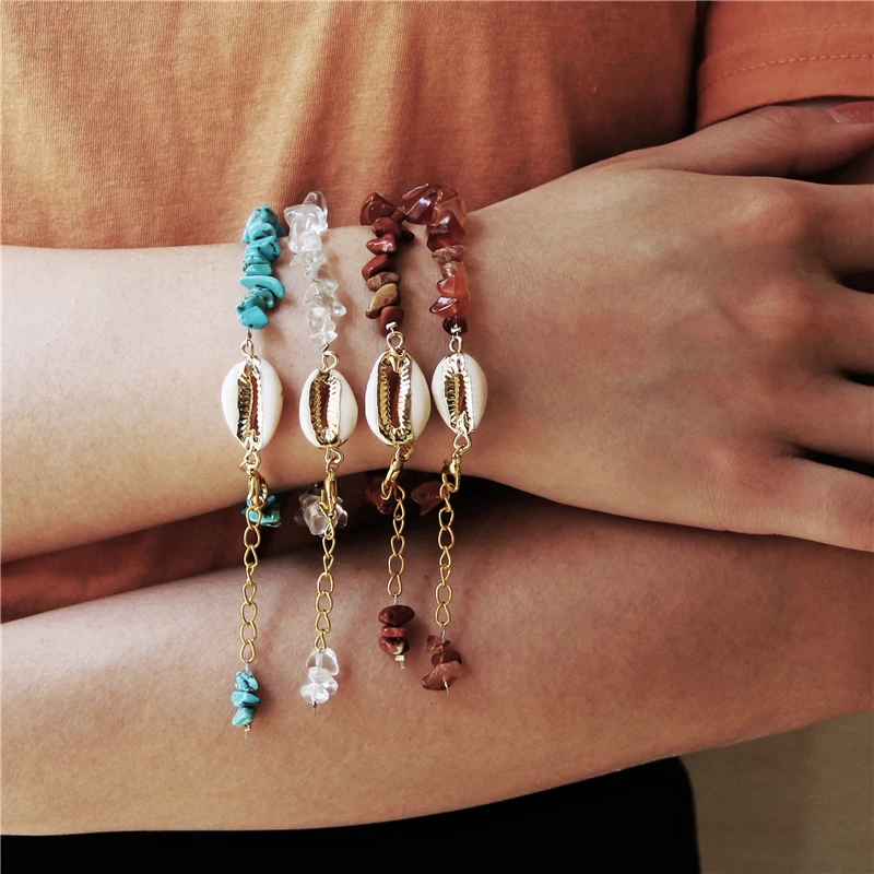 

Vinswet Boho Summer Shell Bracelets Female Handmade Gold Chain Link Healing Crystal Chip Bracelets For Women Beach Jewelry