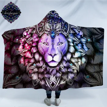

Leo by Brizbazaar Hooded Blanket Crowned Lion Animal Face Sherpa Wearable Blanket Gemstone Pink Purple Blue Throws 150x200cm