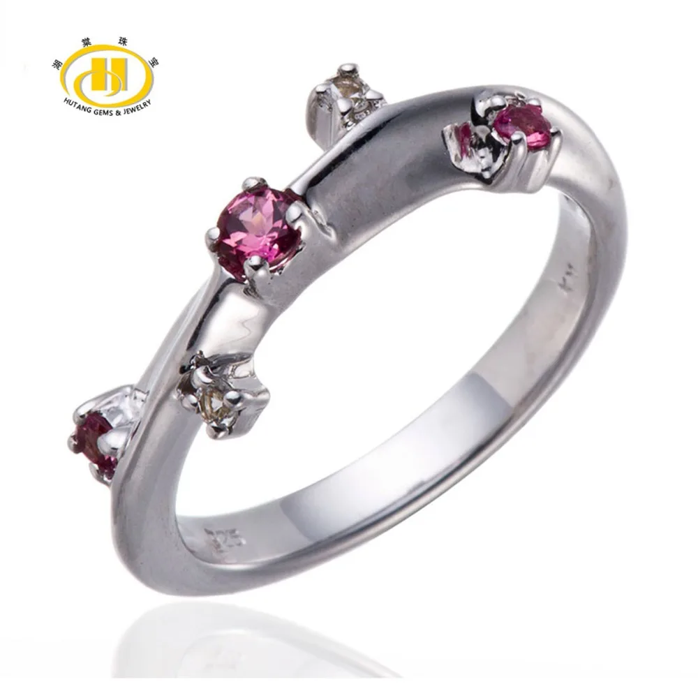 

Hutang Pink Tourmaline & White Topaz Gemstone Rings Solid 925 Sterling Silver Band Ring Beautiful Design Fine Jewelry Women Ring