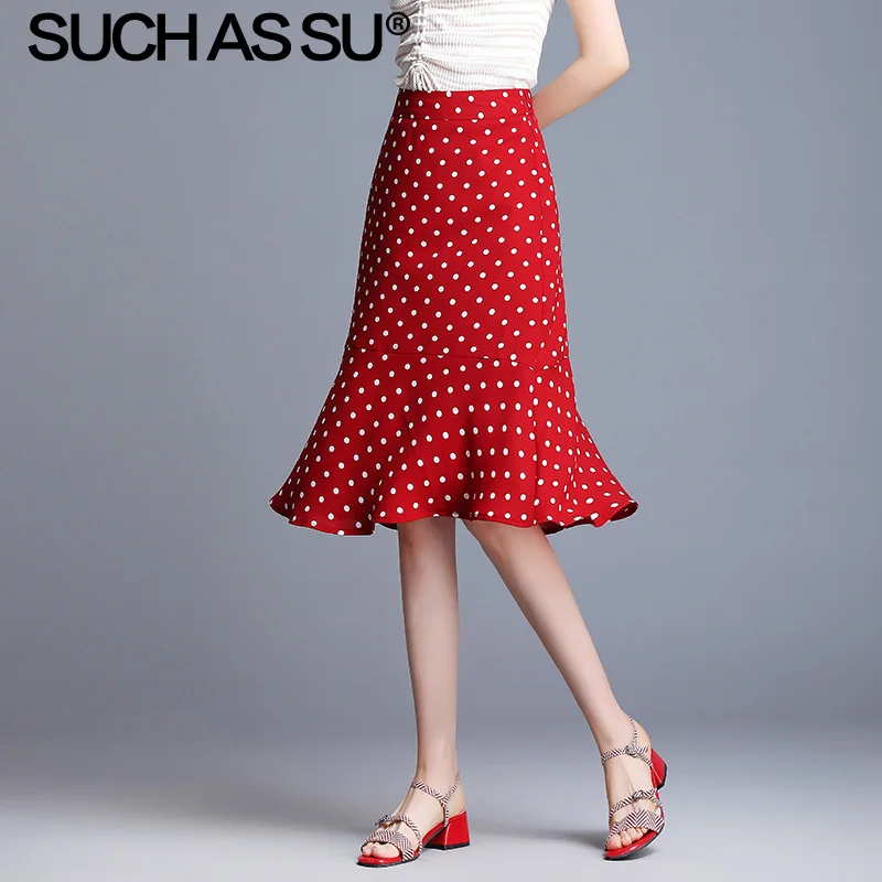 Летняя юбка корейское платье-карандаш плиссированная юбка средняя длинная юбка-Русалка размера плюс белый черный красный горошек шифоновые юбки для женщин - Цвет: Red skirt