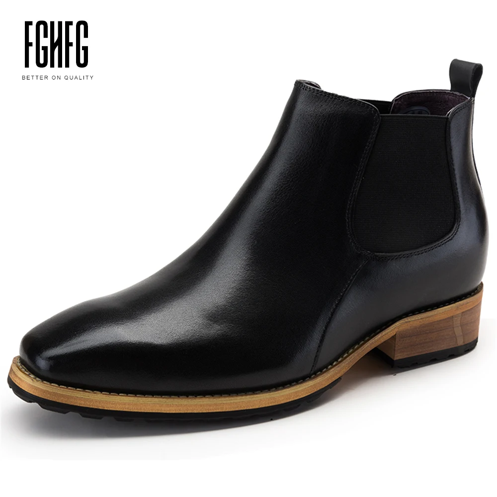 Men's Chelsea Boots Cowhide Leather Casual Boots Square Toe Wedding