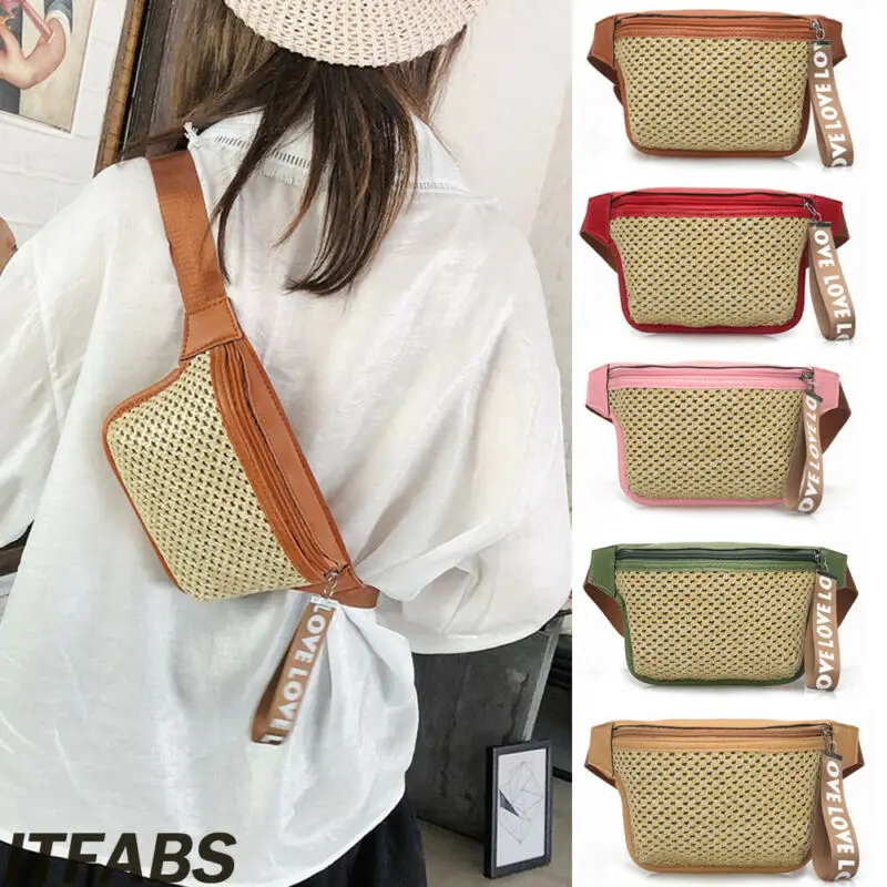 

Women Zipper Crossbody Shoulder Chest Waist Bag Straw Fanny Pack Phone Holder