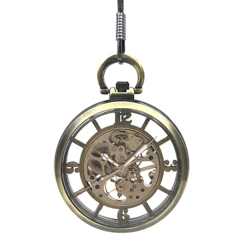 

New Arrival See Though Skeleton Steampunk Bronze Tone Case Big Dial Arabic Number Hand Wind Mens Mechanical Pocket Watch w/Chain