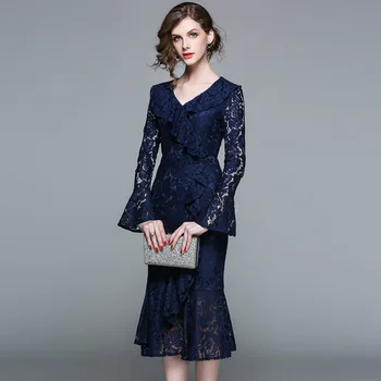 

Women Dress Lace Mermaid Navy Blue 2019 New Early Autumn Ruffled Flare Sleeve Party Sexy Elegant Classic Style Trendy Skinny