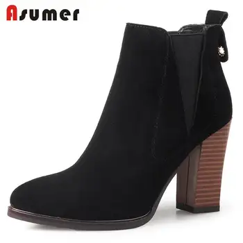

ASUMER SIZE 34-41 2020 NEW fashion sewing cow suede leather pointed toe ankle boots women thick high heels spring autumn boots