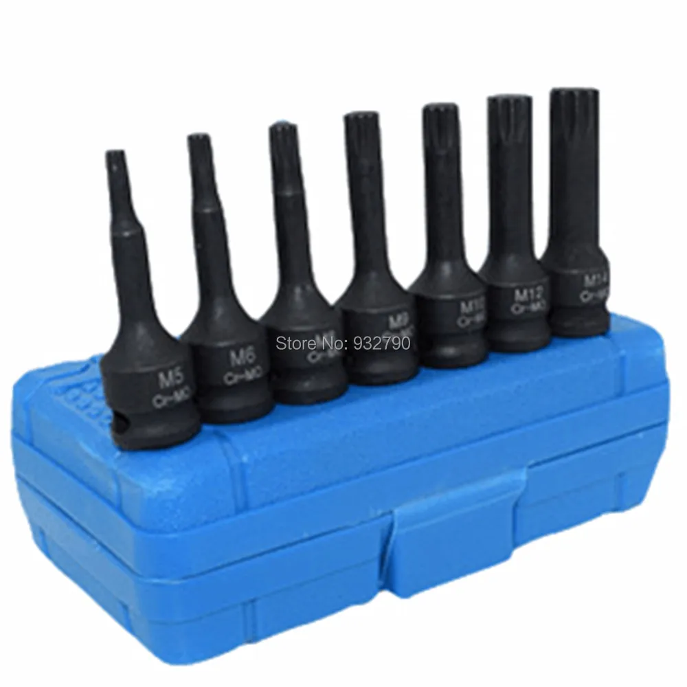 

7 Piece 3/8" Impact Spline Socket Bit Set M5 M6 M7 M8 M10 M12 M14 (M5-M14) Cr-Mo 60mm length Pneumatic Electric Wrench Sockets