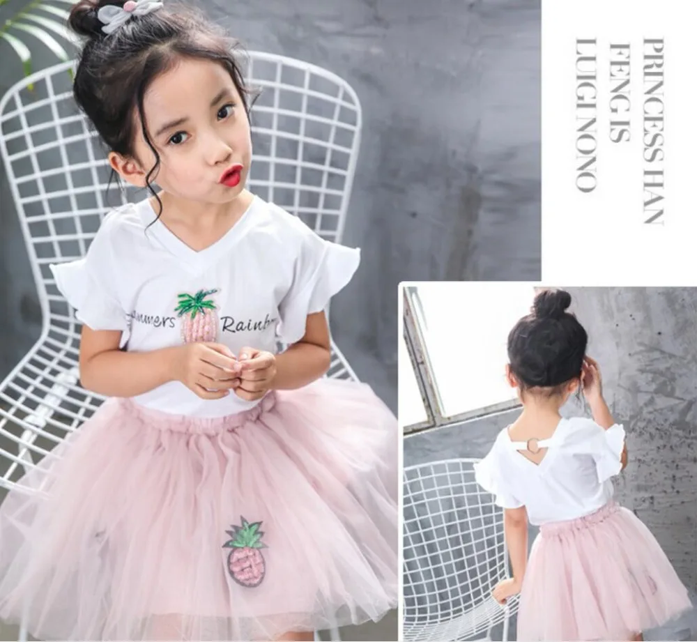 

Little Girls Summer Pineapple Rainbow Tshirt with Tutu Skirts Green Pink