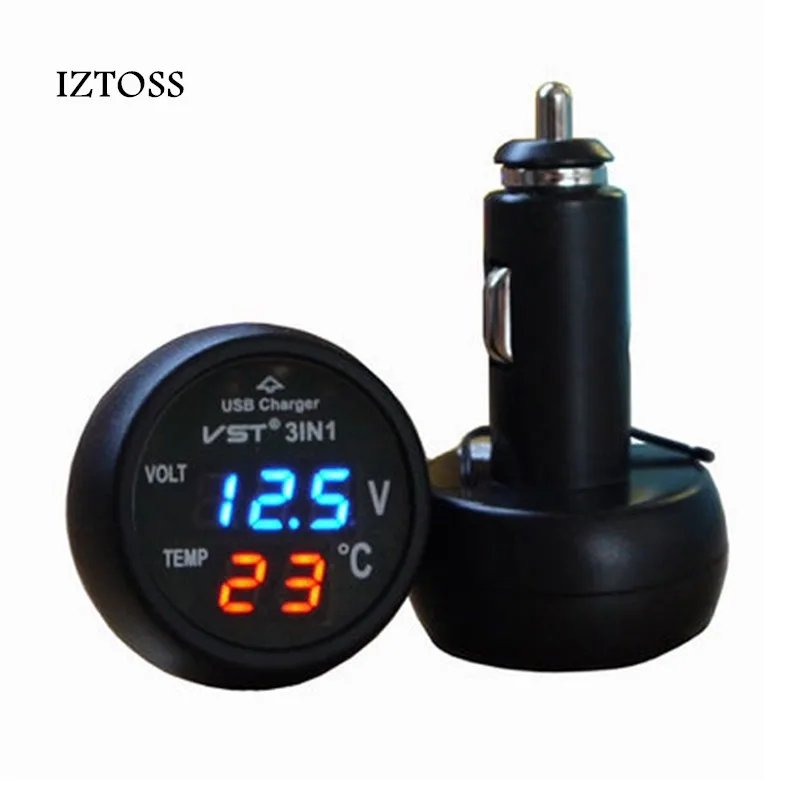 

IZTOSS 3 in 1 Car USB Charger Digital LED car Voltmeter Thermometer Auto 12V/24V Temperature Meter Voltmeter Cigarette Lighter