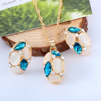 Lovely Opal Jewelry Sets Horse Eye Pendant Necklace Earrings Set Gold Color Long Chain African Dubai Jewelry Sets for Women