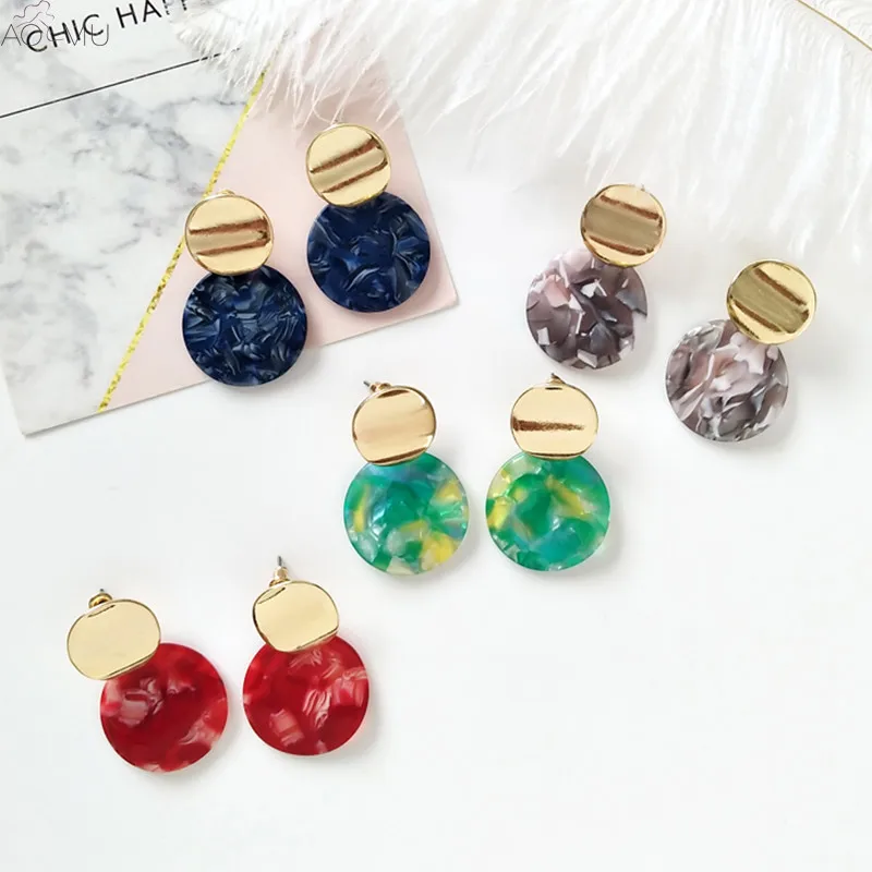 

AOMU Korea Fashion Vintage Acetic Acid Resin Earrings Geometric Round Stud Earrings for Women Alloy Ear jewelry Wholesale