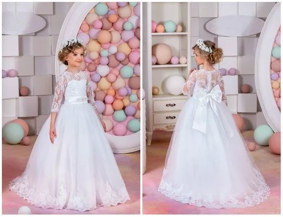 

Elegant sheer neck Flower Girl Dress Wedding Holiday Party for junior Bridesmaid illusion Long Sleeves White Tulle Lace Dresses
