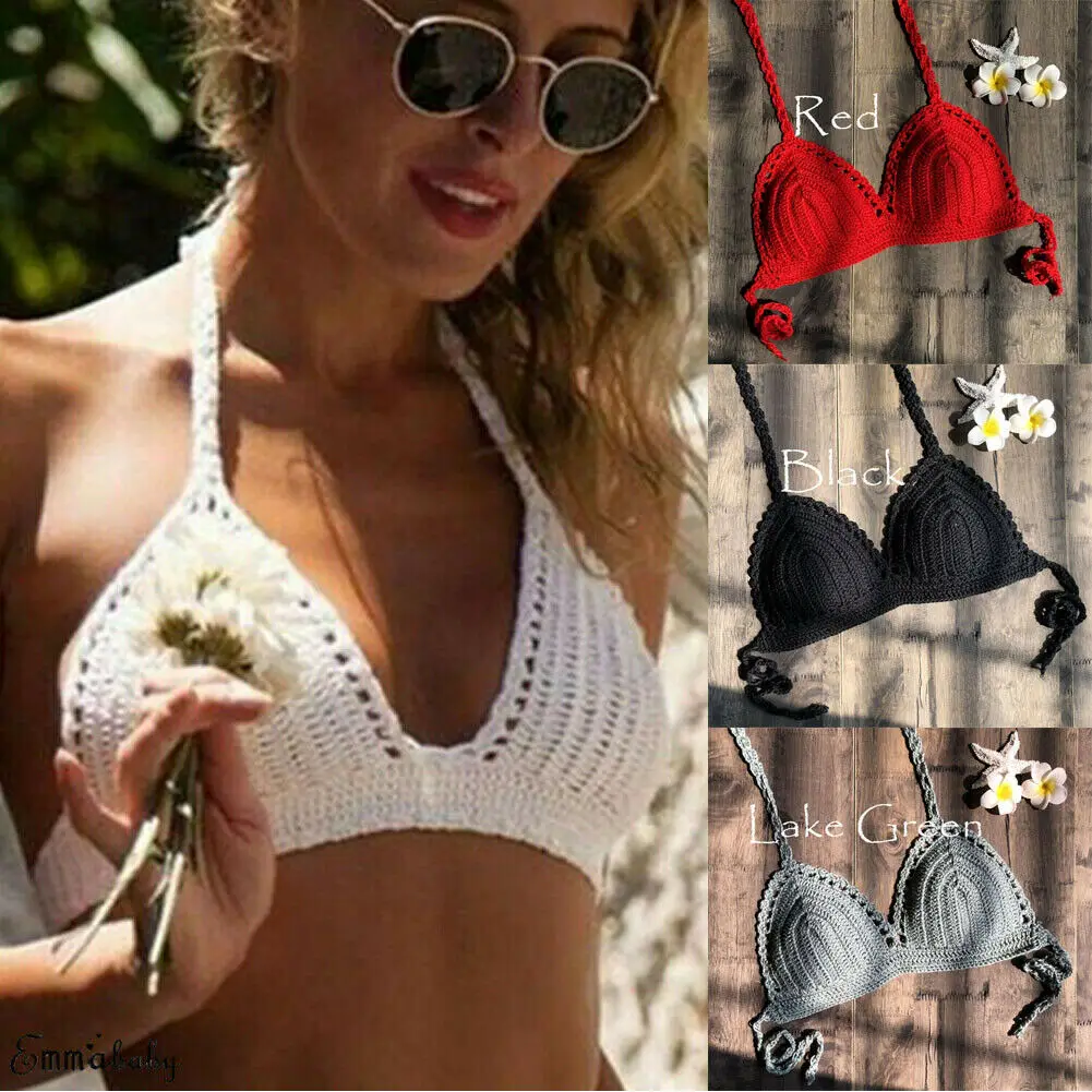

2019 New Style Solid Women Bohemia Knit Bikini Swimming Bra Top Beachwear Bandage Swimwear Holiday Vest Bra Crop Tops