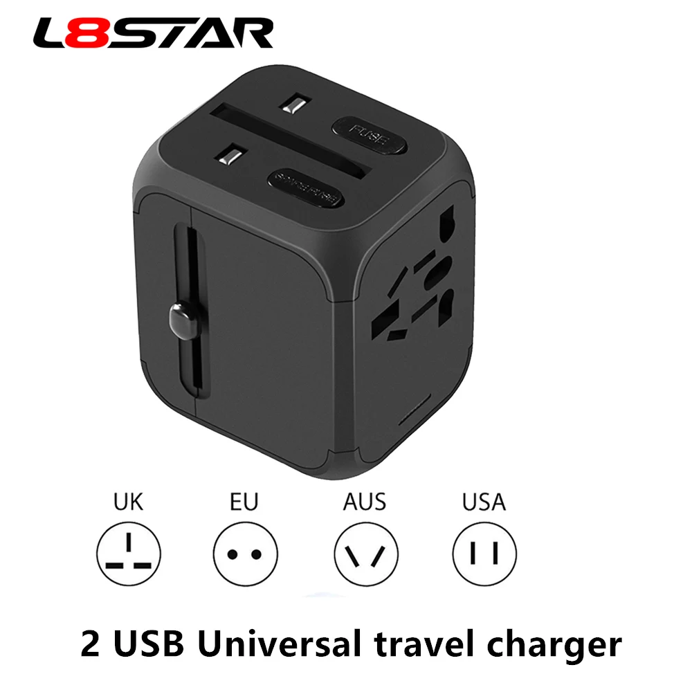 L8STAR Универсальный адаптер для путешествий, электрические вилки, розетки, конвертер 2.4A US/AU/UK/EU с двойной 2 usb зарядкой, международным зарядным устройством - Цвет: Black 2 USB