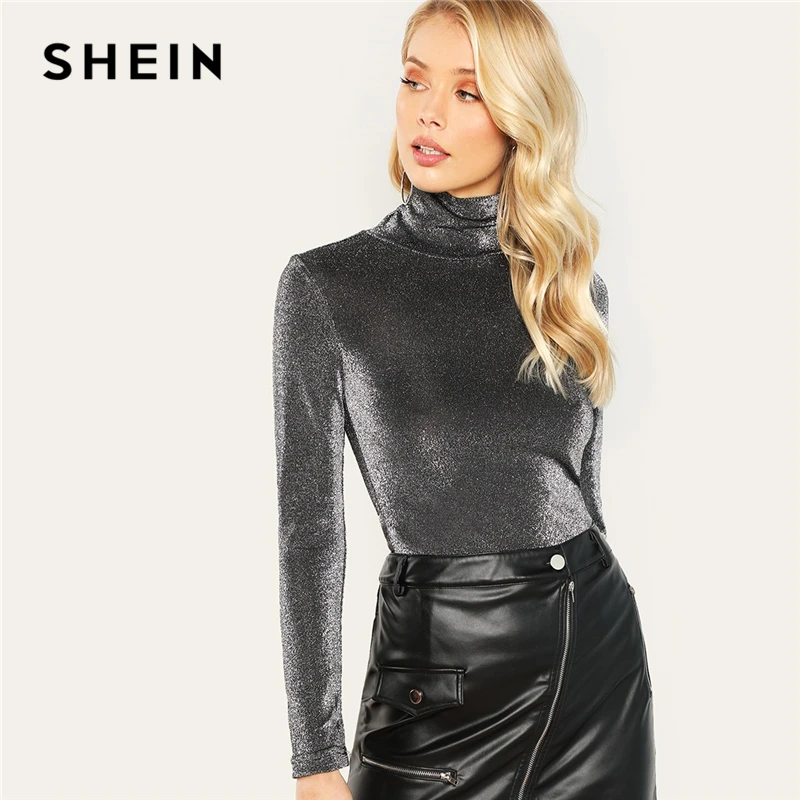 SHEIN, серебристая Блестящая футболка с высоким воротом, элегантная, цветная, облегающая, эластичная, топы, женская, осенняя, рабочая одежда с длинным рукавом, футболка