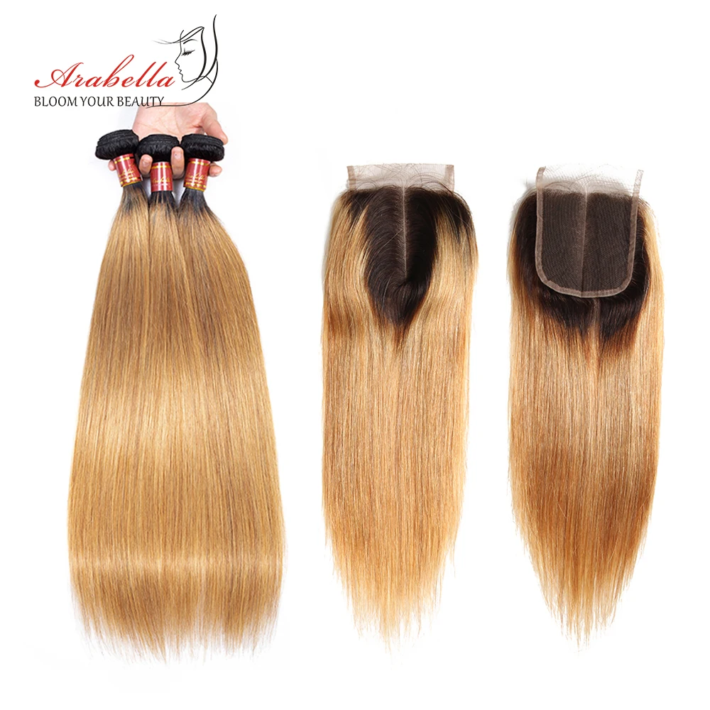 Straight Hair Bundles With 4x4 Transparent Lace Closure 1b/27 Ombre Arabella Remy Human Hair Extension Hair Bundles With Closure