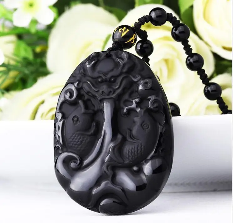 

100% Natural Obsidian Hand Carved Chinese Dragon Fish Lucky Pendant Necklace