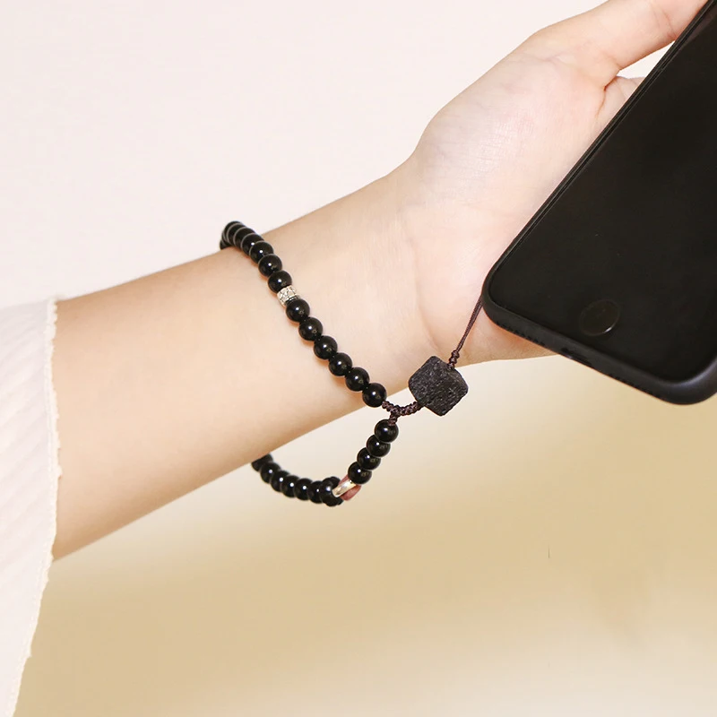

Natrual Black Obsidian Couple Keychain Mobile Phone Lanyard Wrist Strap Pure Silver Semi Precious Stone Anti Lost Strap