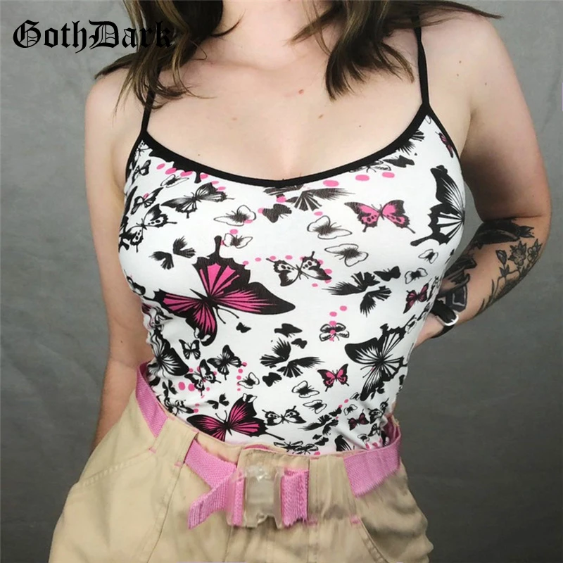 

Goth Dark Print of Butterfly Sexy Harajunku Crop Tops Gothic Grunge Spaghetti Strap Summer 2019 Top Fashion Vintage Streetwear