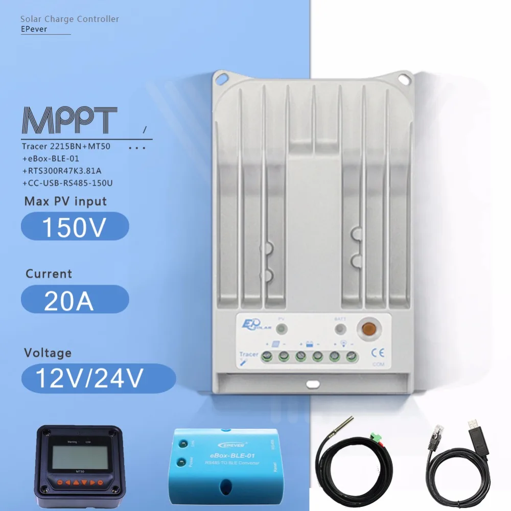 Tracer2215BN 20A MPPT Solar Charge Controller 12/24V Auto PV Regulator with MT50 Meter EBOX-BLE USB Cable and Temperature Sensor two color choices mt50 solar regulator 20a mppt tracer2210a with ble and sensor for 12v 24v auto work