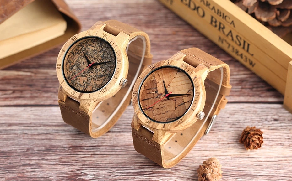 Wooden Watch Men's Unique Cork SlagBroken Leaves Face Dial Zebra Wood Quartz Clock Male Women Genuine Leather Band Wristwatches 2017 Christmas Gifts (24)